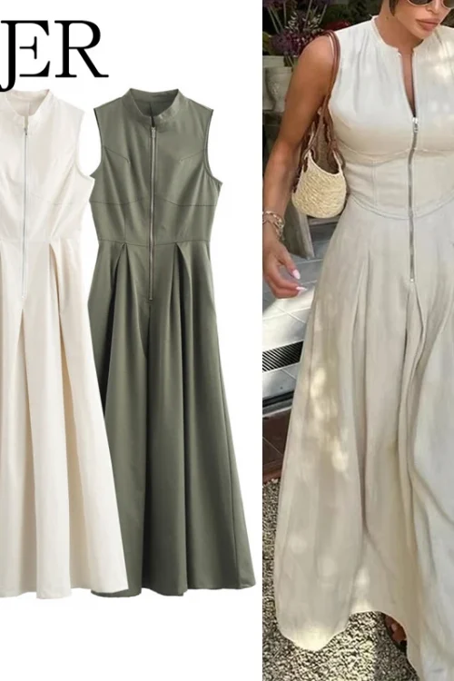 MUJER Zipper Long Dress Woman Pleated Sleeveless Bodycon Dress Summer Elegant Party Dresses For Women 2025 New Midi Dresses