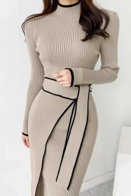 YuooMuoo Elegant Lace Up Turtleneck Knitted Long Dress Korean Fashion Khaki Black Rib Bandage Bodycon Sweater Dress Robe Femme