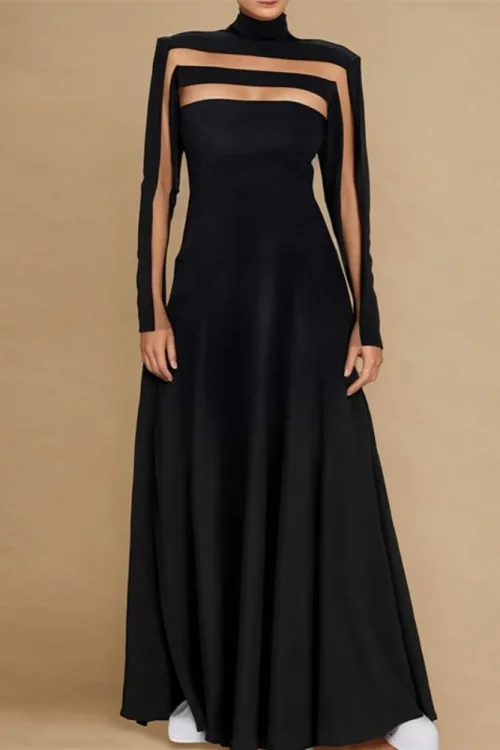 Freeacy 2025 Stylish Mesh Split-Joint Long Sleeves Dress Solid Black High Neck Pleated Floor Length Dress Elegant Party Dresses