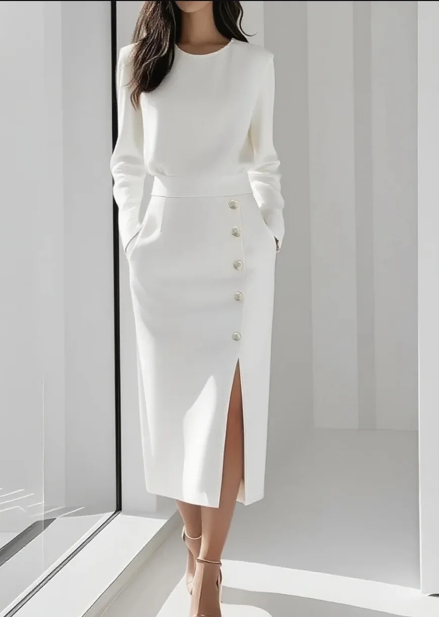 Solid Color Long Sleeves Pocket Button Decorated Slit Midi Dress - Image 2