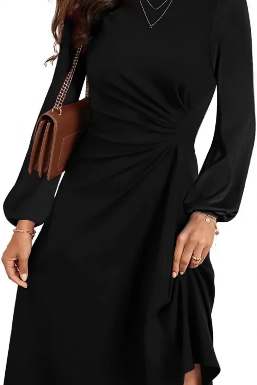 2025 New - Women's Long - sleeved Black Maxi Dress with Ruched Waist Detail