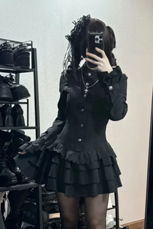 Spring Vintage Gothic Style Lace Up Dress Women Design High Street Black Lolita Slim Dresses 2025 Y2k Lace Long Sleeve Clothing