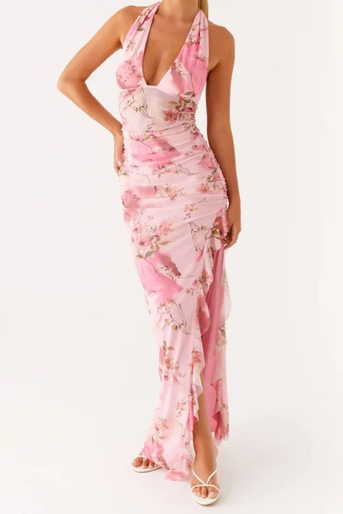 Elegant Off Shoulder Maxi Dress with Ruffle Detail and Slit Sleeveless Floral Print Bodycon Evening Gown for Women