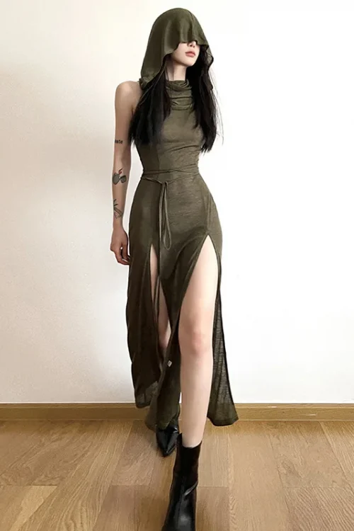 Summer 2023 Sexy European And American Style Sleeveless Hooded Dress Long Split Hollow out Pure Color Women's Gown