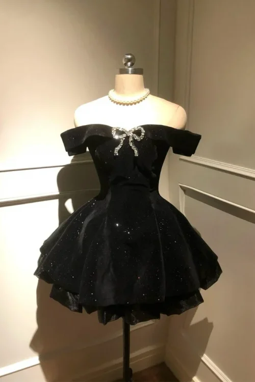 Black French Vintage Elegant Design Woman Dress Gothic Off Shoulder Retro Mini Dress Female Fairy Birthday Party Chic Outfits