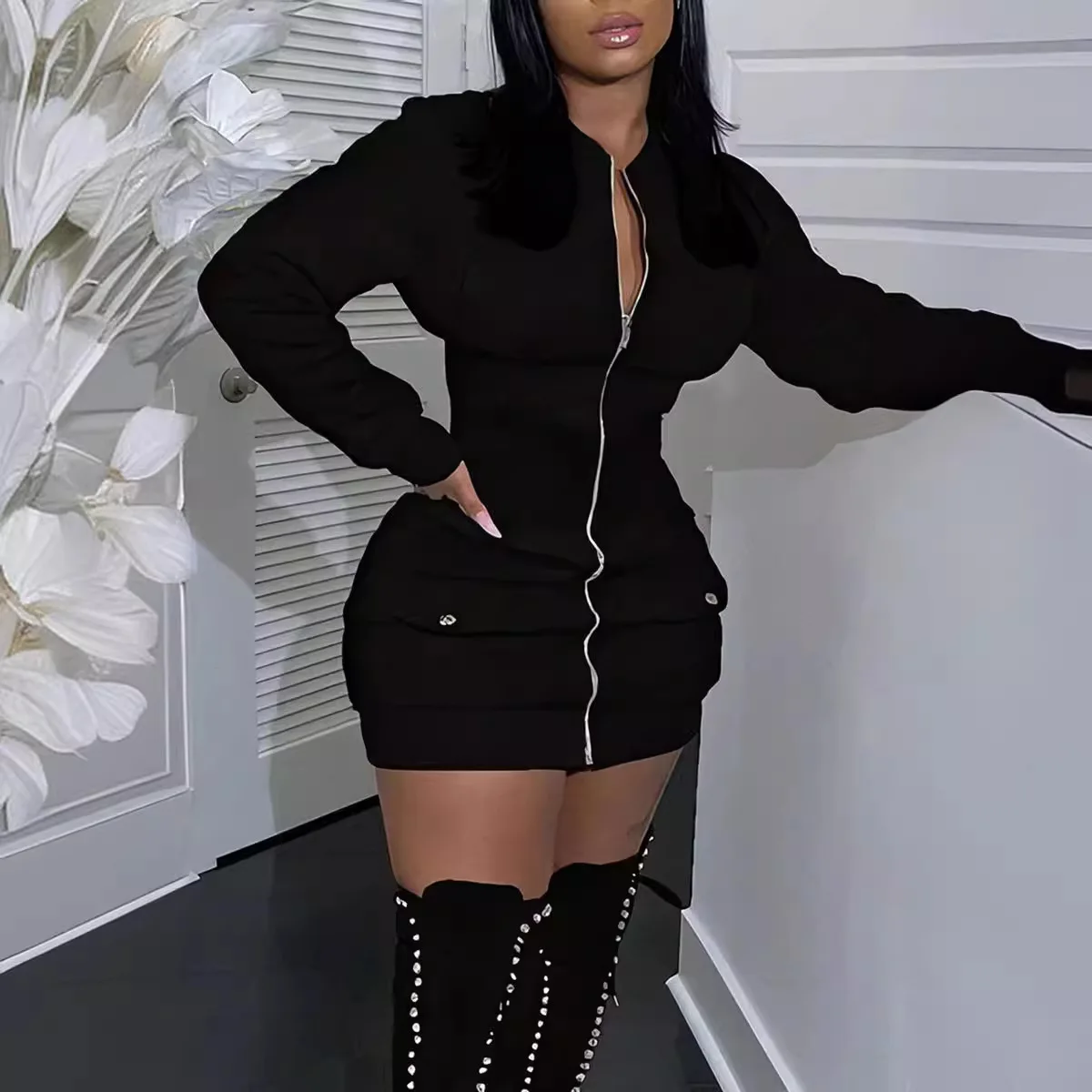 Fashion Long Sleeve Zipper Black Mini Dress Women 2025 Autumn Winter Sexy Bodycon Dresses For Women Robe Femme - Image 3