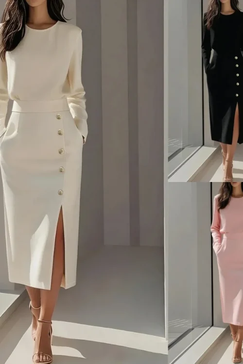 Solid Color Long Sleeves Pocket Button Decorated Slit Midi Dress