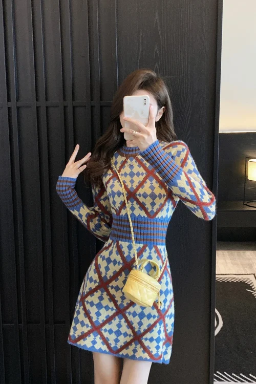 Short Crochet Dresses for Women Retro Bodycon Extreme Mini Plaid Woman Knitted Dress Elegant Luxury Autumn and Winter Pretty Xxl