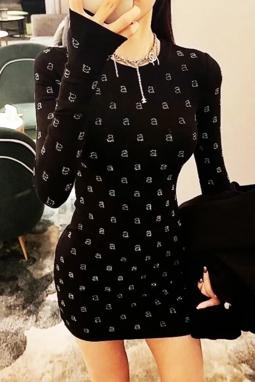 Wang's Style Cotton Elasticity Slim Shining Diamond Black Mini Dress For Woman Long Club Evening Party Sleeved Dresses Clothes