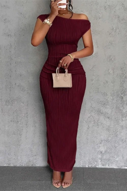 Fashion Water Ripple Slanted Shoulder Dress Women's Elegant And Simple Solid Color A-line Collar Mid-waist Sexy Hip Wrap Skirt