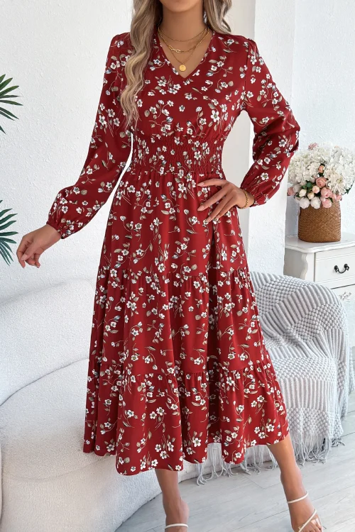 Spring Autumn Casual Woman Dress V Neck Long sleeve Lotus Leaf Edge Floral Print Long Dress Women Clothing