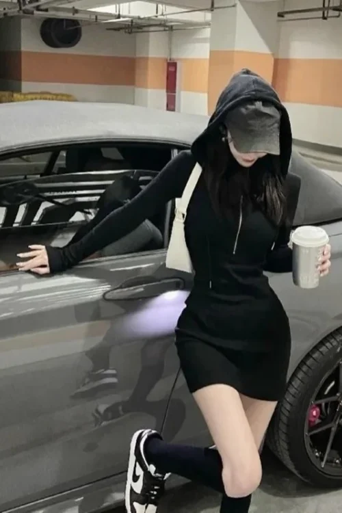 Hooded Corset Dresses for Women Tight on Sales One-piece Clothes Thic Casual Youth Beach Trendy Bodycon Woman Long Sleeve Dress